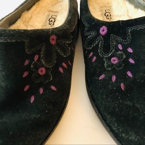 UGG Mule Slippers Black with Purple & Green Stitched Design 6